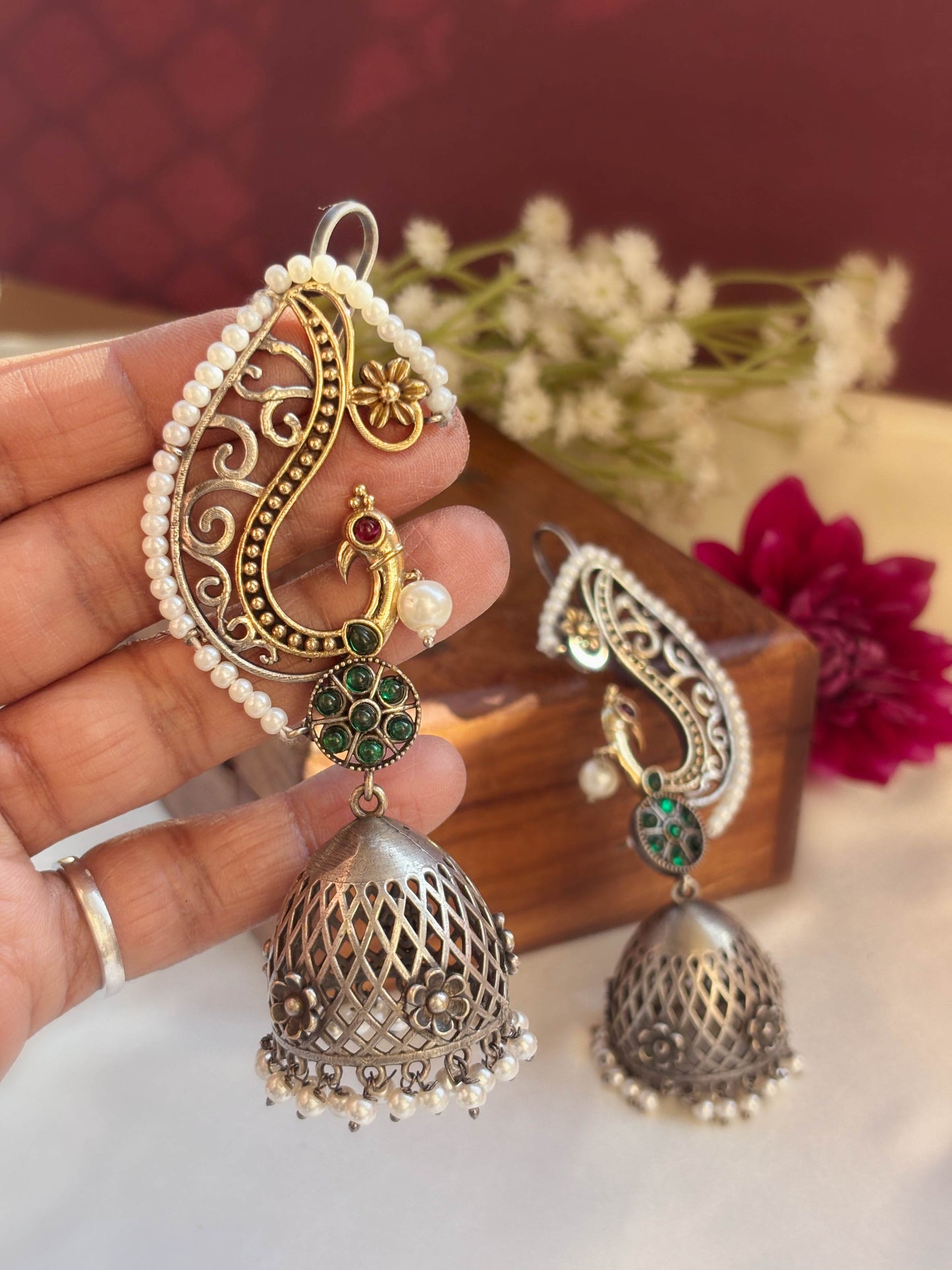 Chakori Green Red Monalisa Stone Pearl Dual Tone Jhumka Earcuff