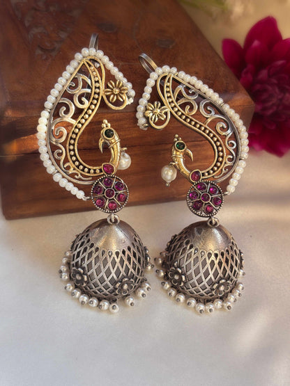 Chakori Red Green Monalisa Stone Pearl Dual Tone Jhumka Earcuff