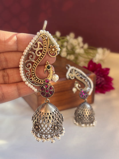 Chakori Red Green Monalisa Stone Pearl Dual Tone Jhumka Earcuff