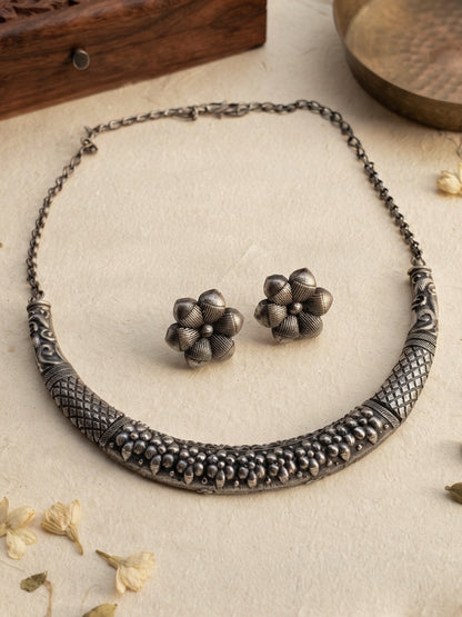 Champa Oxidized Silver Hasli Choker Necklace Set with Stud Earrings