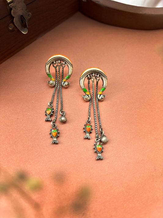 Chandraki Orange Green Meenakari Hand-painted Dangle Earrings