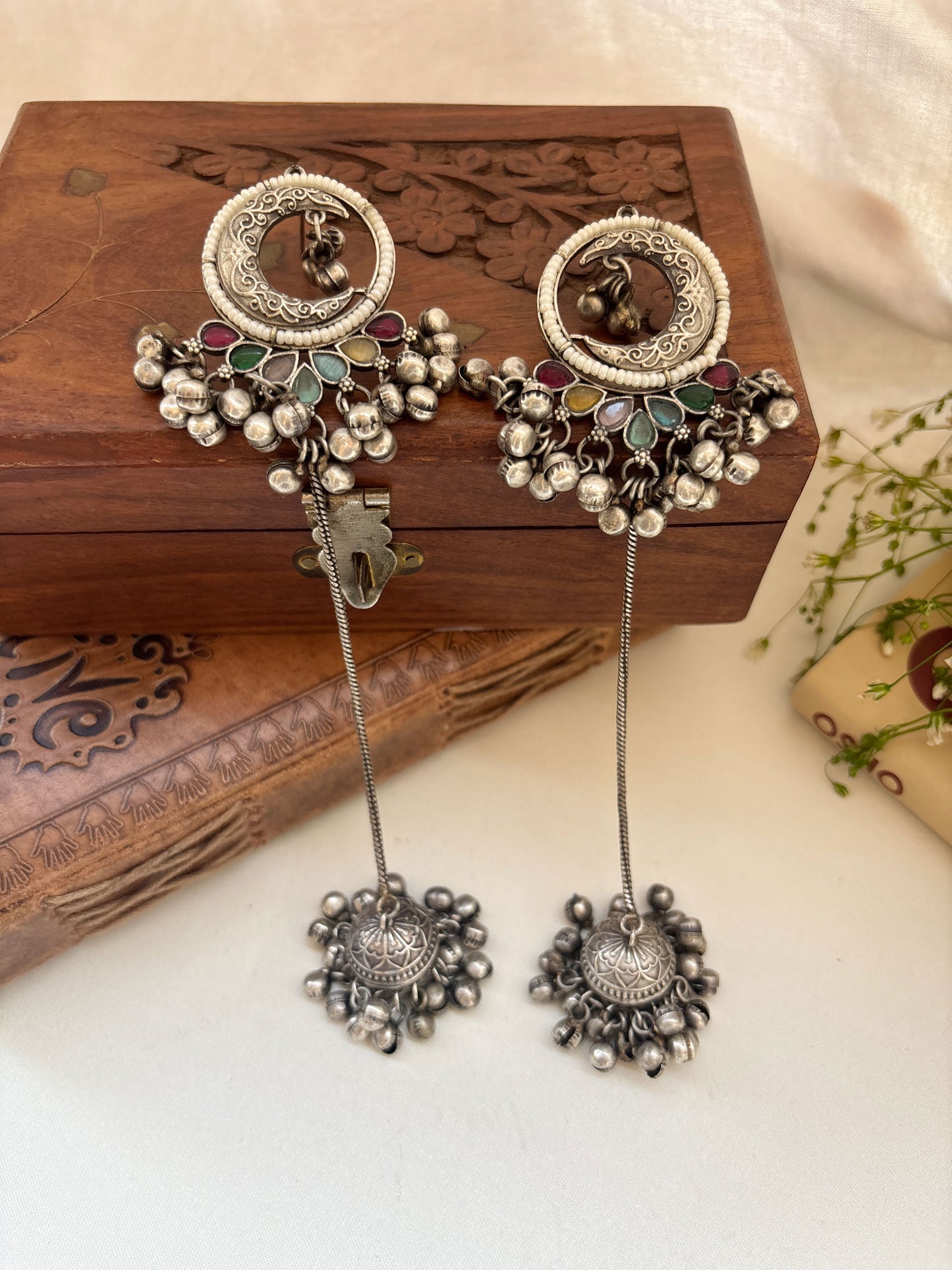 Chandrani Multi-Colour Stone Monalisa Long Ghungroo Jhumka Earrings