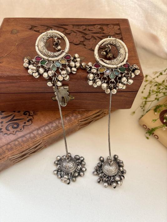 Chandrani Multi-Colour Stone Monalisa Long Ghungroo Jhumka Earrings