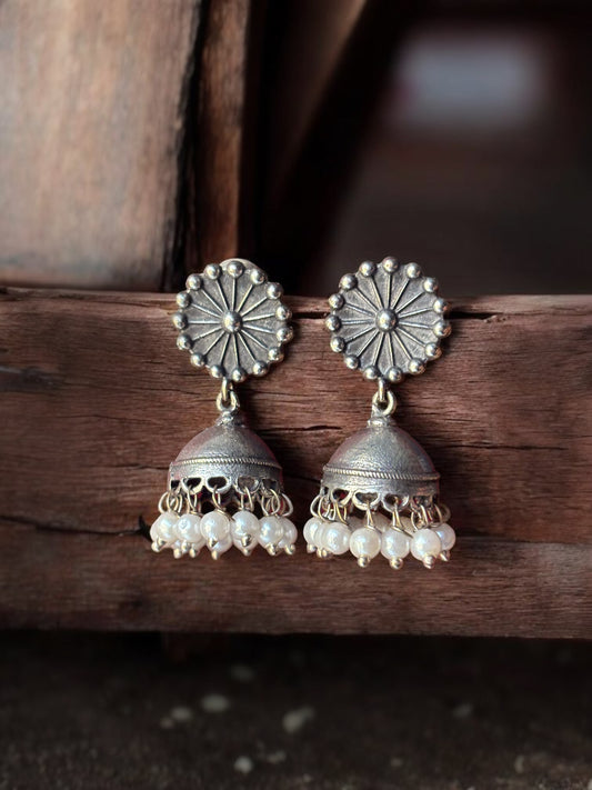 Charvi Small Oxidized Silver Jhumka with Pearls