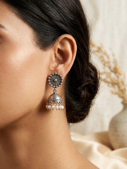 Charvi Small Oxidized Silver Jhumka with Pearls