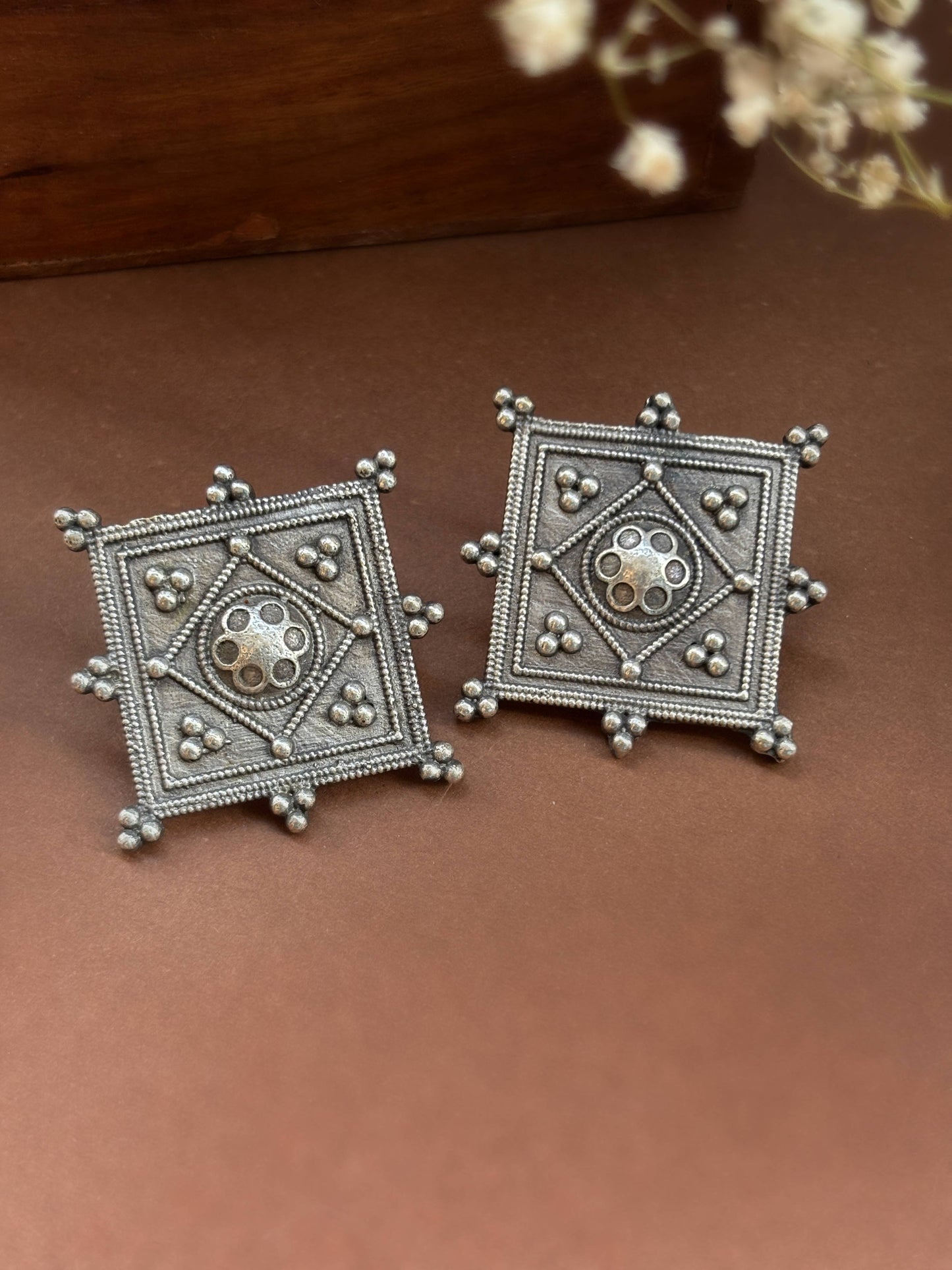 Chaturthi Square Studs – Oxidized Boho Earrings