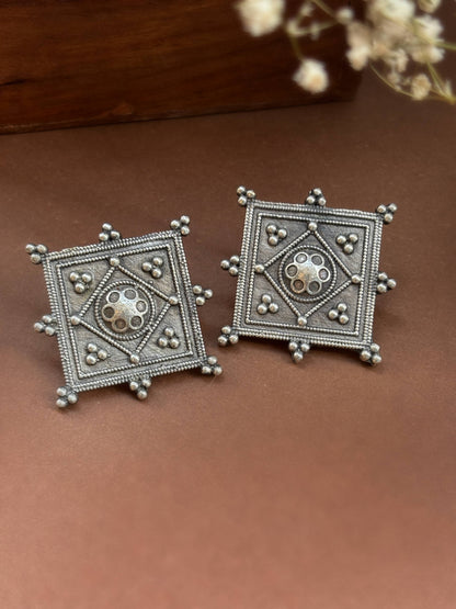 Chaturthi Square Studs – Oxidized Boho Earrings