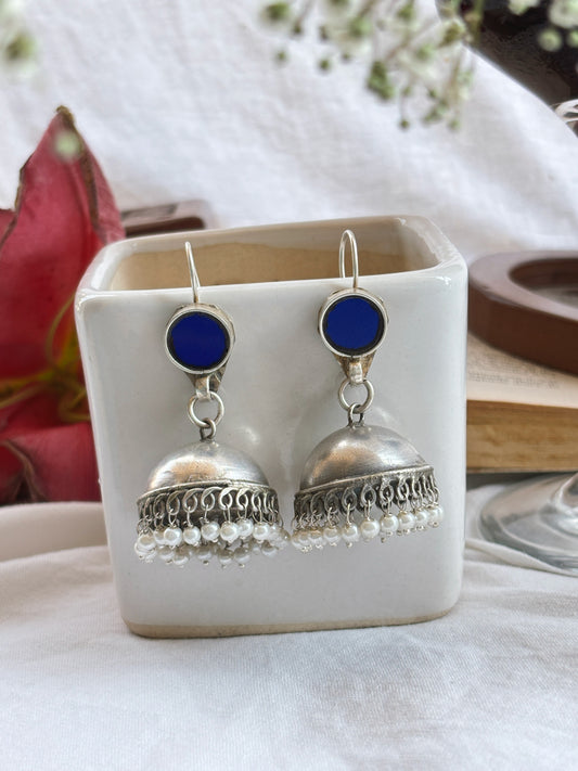 Chhavi Blue Glass Mirror Hook Earrings