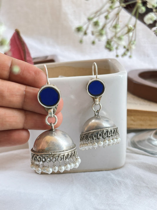 Chhavi Blue Glass Mirror Hook Earrings