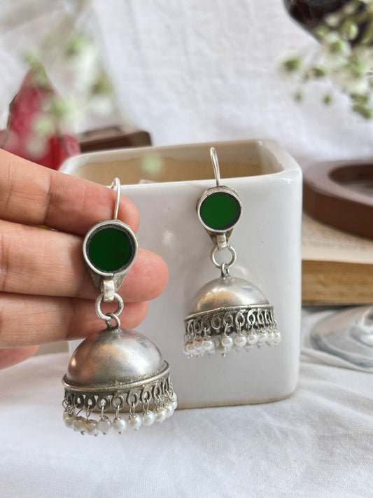 Chhavi Green Glass Mirror Hook Earrings