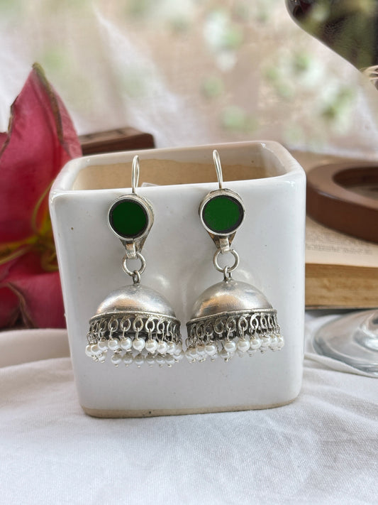 Chhavi Green Glass Mirror Hook Earrings