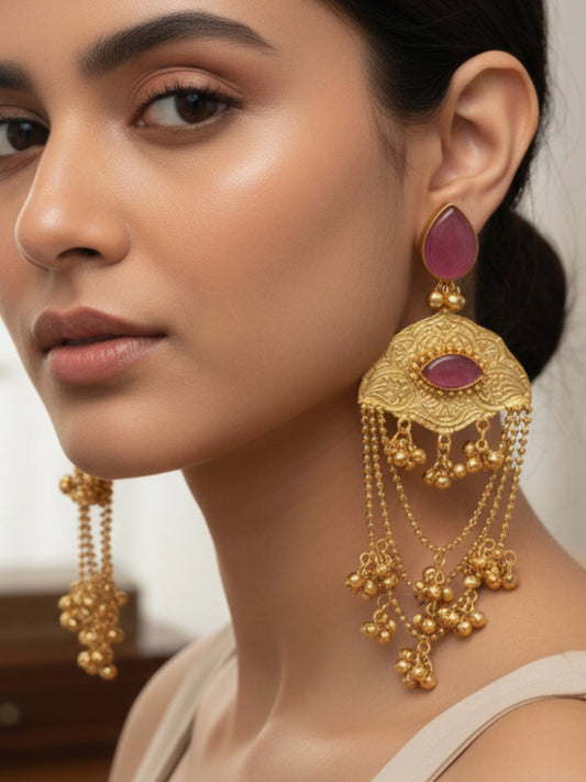 Dahab Pink Monalisa Stone Kashmiri Ghungroo Golden Dangle Earrings