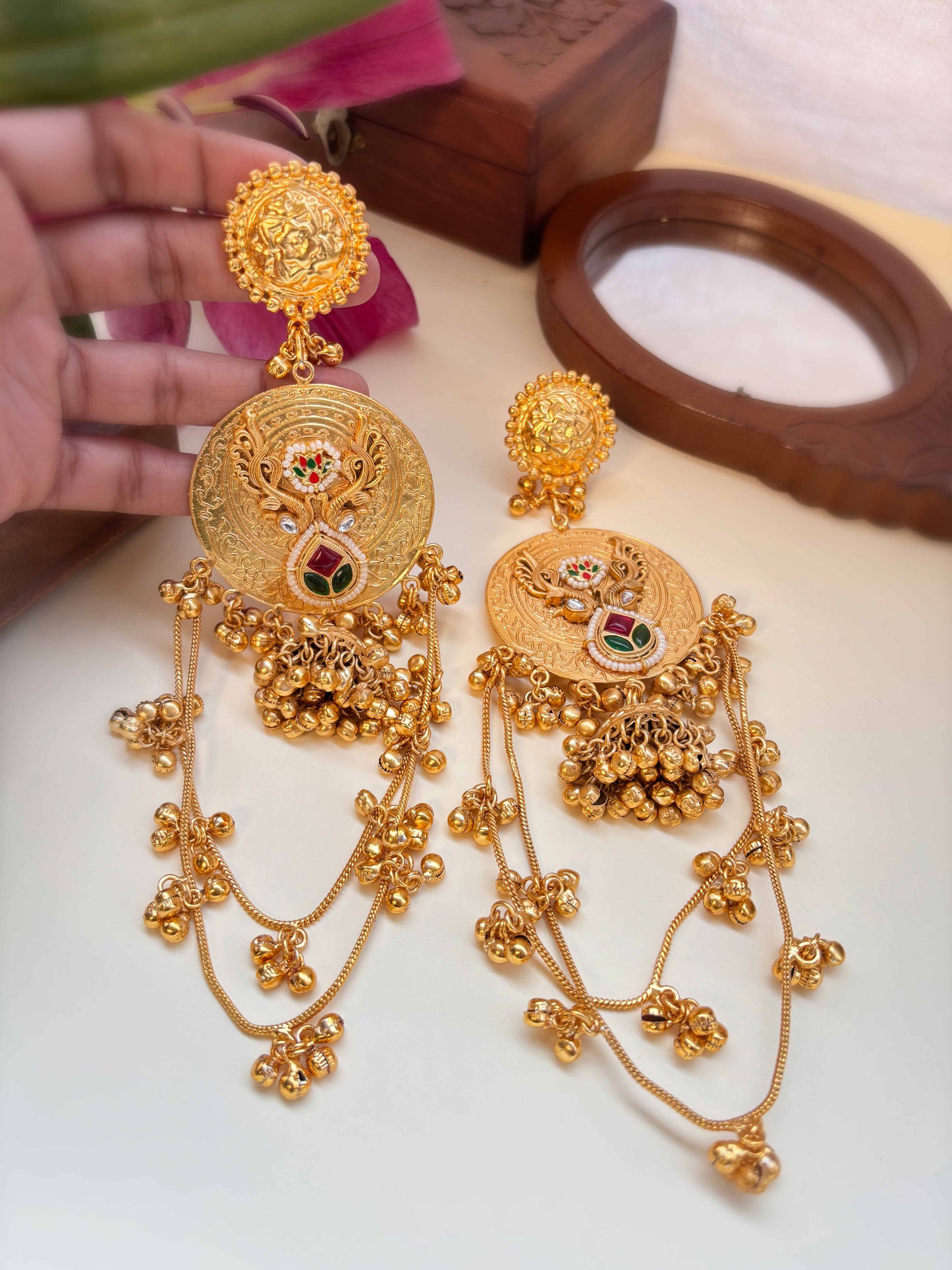 Dhanvi Red Green Kashmiri Ghungroo Golden Dangle Jhumka Earrings