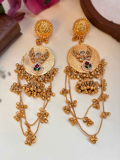 Dhanvi Red Green Kashmiri Ghungroo Golden Dangle Jhumka Earrings