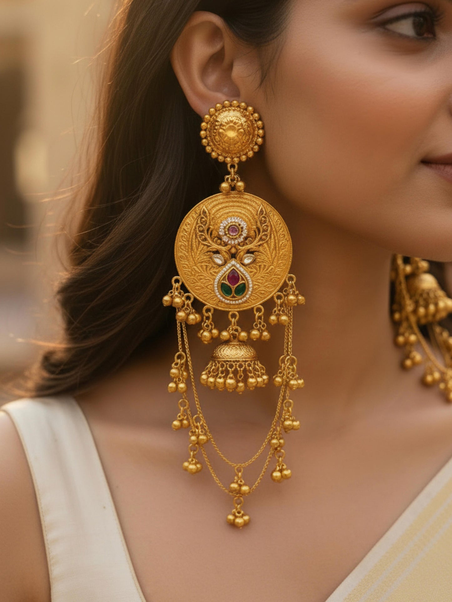 Dhanvi Red Green Kashmiri Ghungroo Golden Dangle Jhumka Earrings