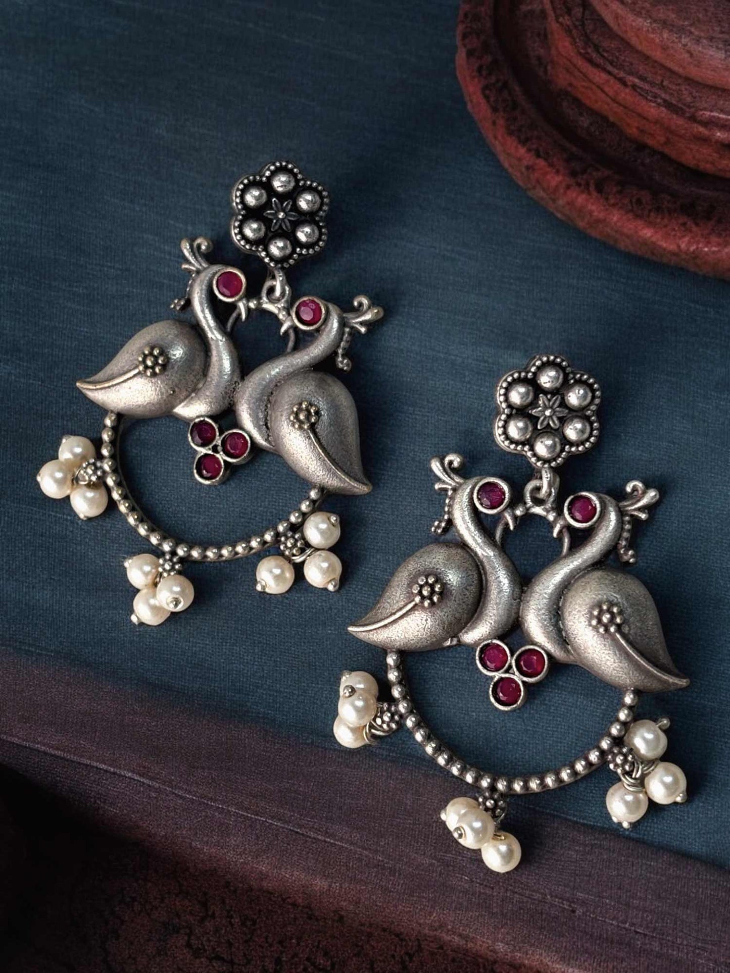 Do-Premi Red Stone Oxidized Dangle Earrings