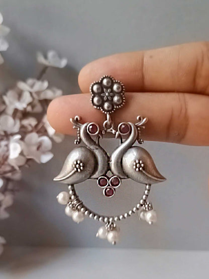 Do-Premi Red Stone Oxidized Dangle Earrings