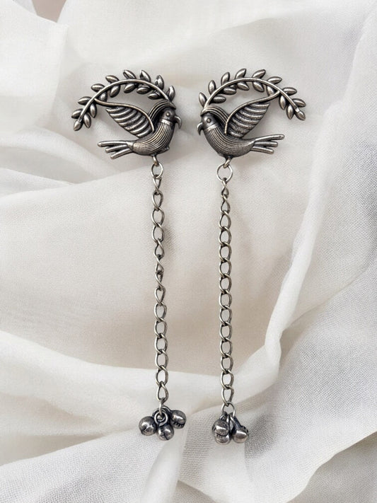 Dove Ghungroo Chain Dangle Oxidized Silver Earrings