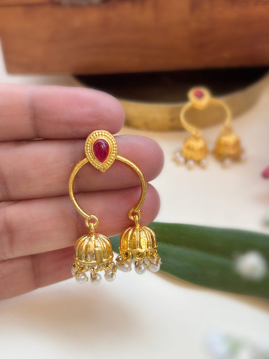 Dviti Red Magenta Small Golden Pearl Dual Jhumki – Oxidized Statement Earrings