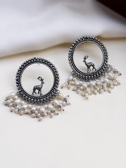 Eta Long Pearl Studs Oxidized Silver Boho Earrings