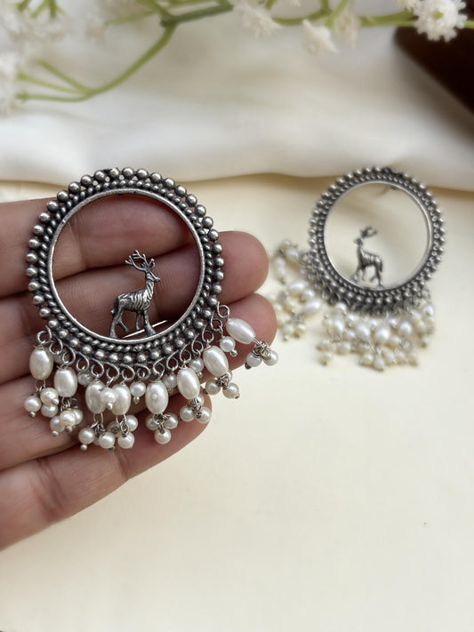Eta Long Pearl Studs Oxidized Silver Boho Earrings