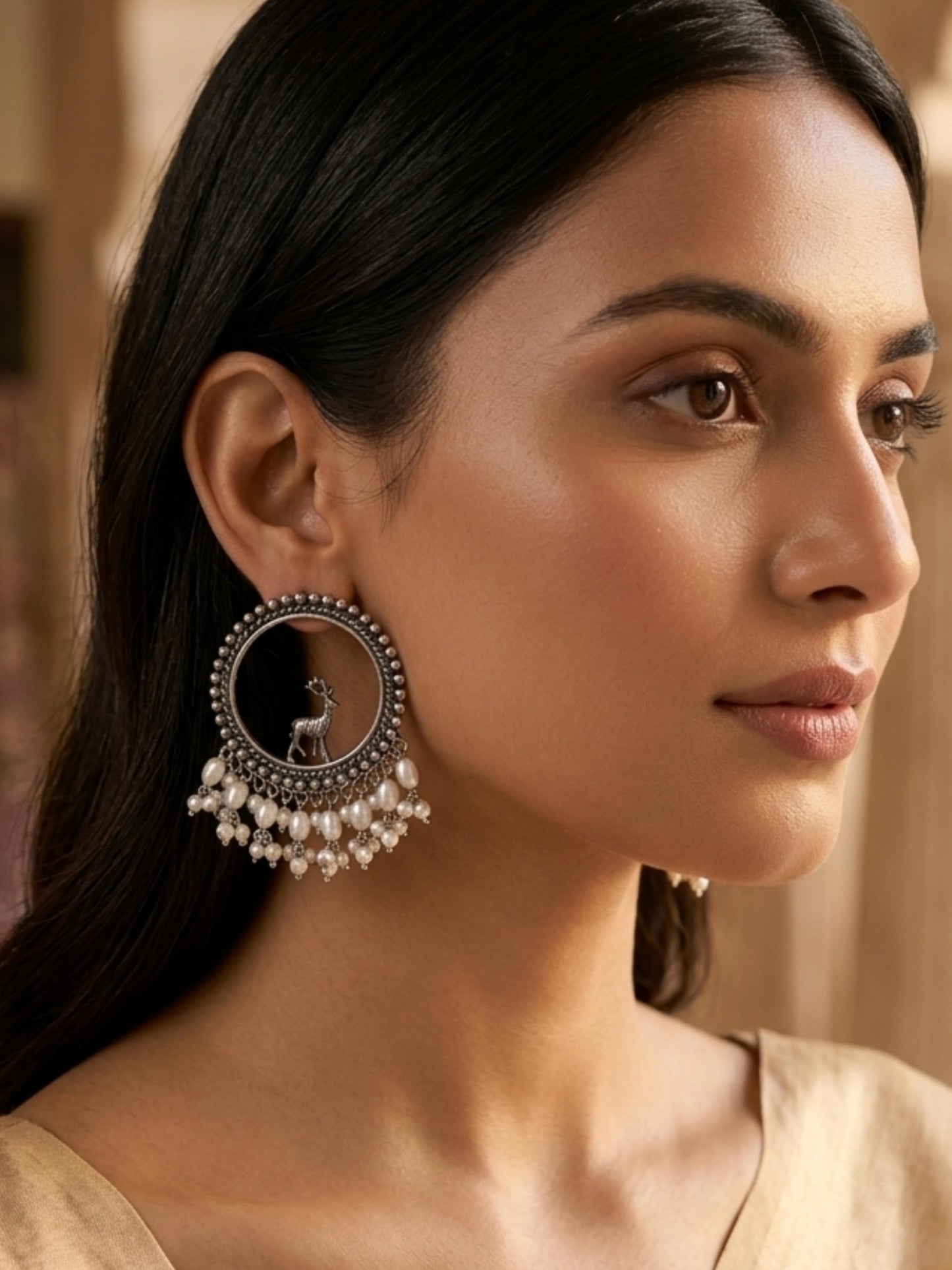 Eta Long Pearl Studs Oxidized Silver Boho Earrings