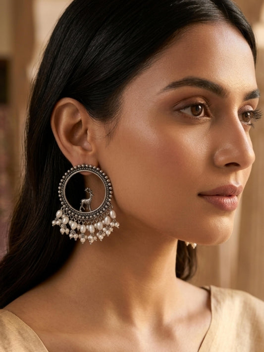 Eta Long Pearl Studs Oxidized Silver Boho Earrings