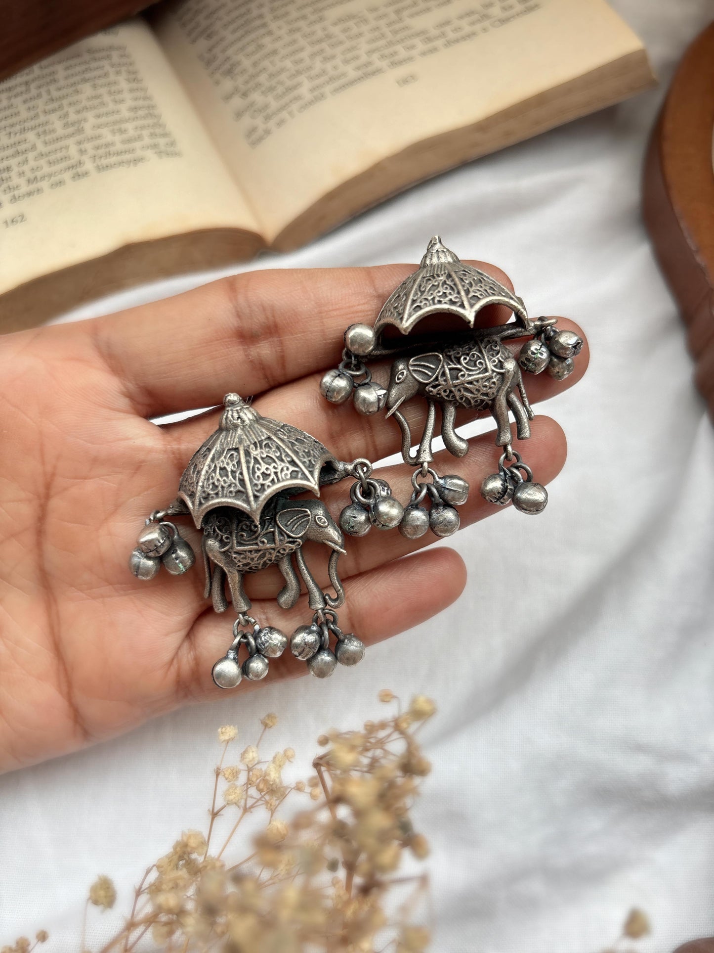Gaja Lakshmi Ghungroo Dangle Oxidized Earrings