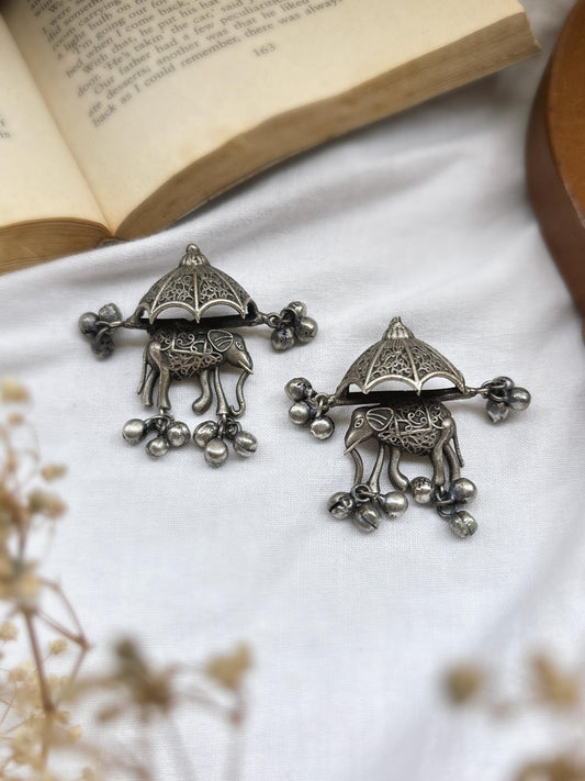 Gaja Lakshmi Ghungroo Dangle Oxidized Earrings