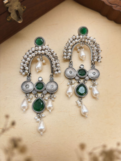Gauhar Green Monalisa Stone Pearl Oxidized Statement Earrings
