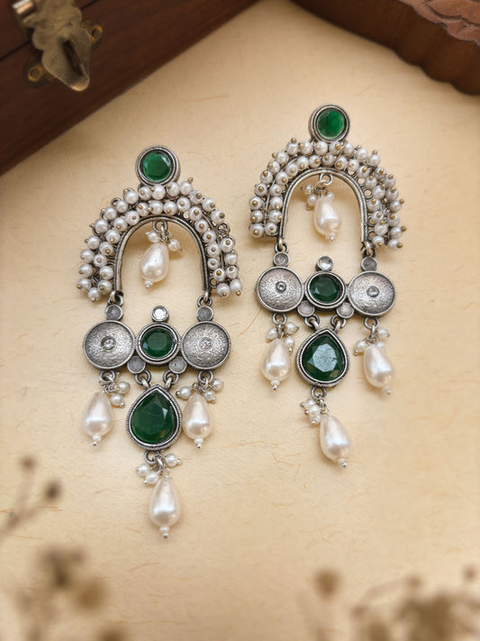 Gauhar Green Monalisa Stone Pearl Oxidized Statement Earrings