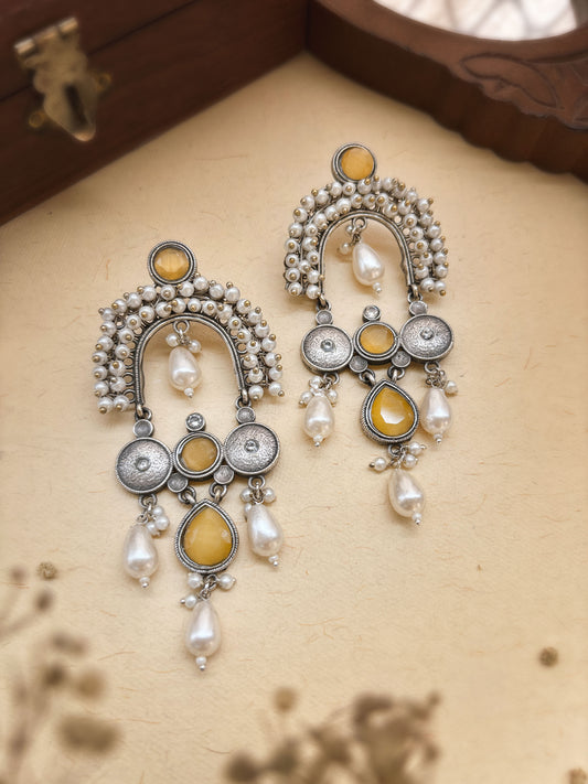Gauhar Yellow Monalisa Stone Pearl Oxidized Statement Earrings