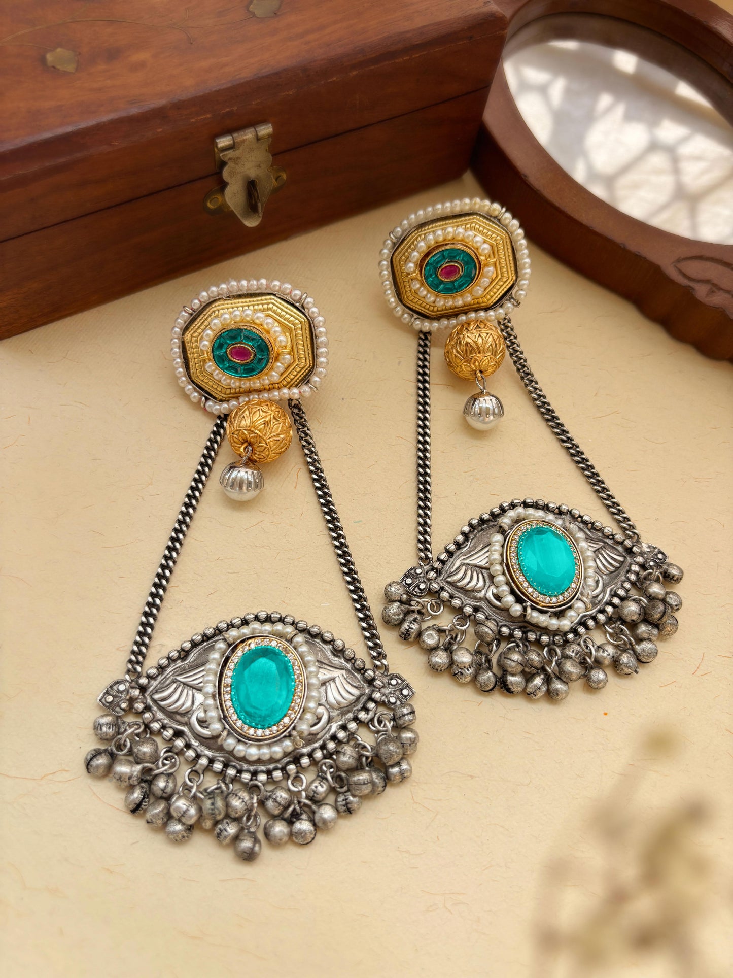 Gautami Skyblue Monalisa Stone Dual Tone Long Ghungroo Kashmiri Earrings
