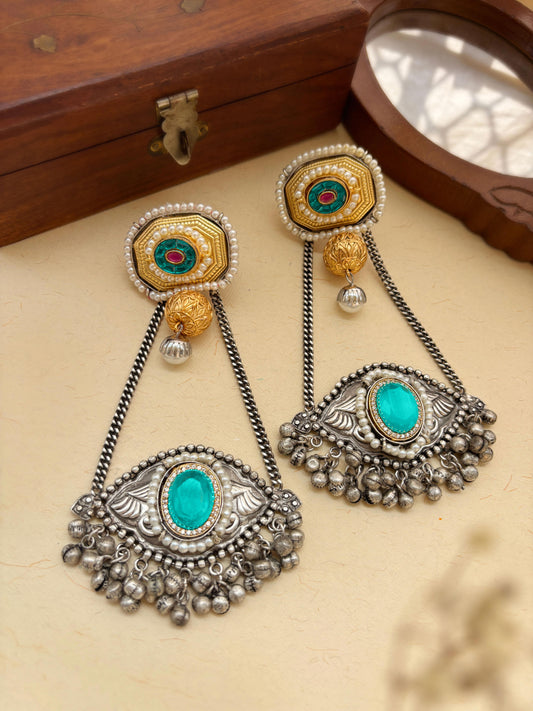 Gautami Skyblue Monalisa Stone Dual Tone Long Ghungroo Kashmiri Earrings