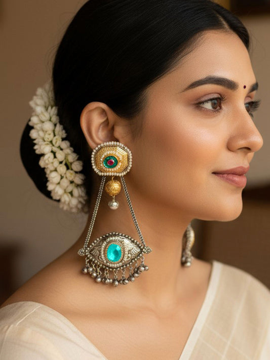 Gautami Skyblue Monalisa Stone Dual Tone Long Ghungroo Kashmiri Earrings