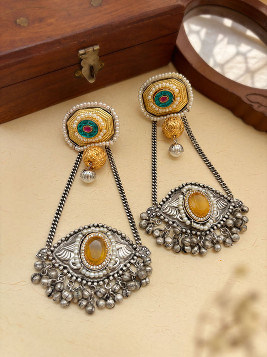 Gautami Yellow Monalisa Stone Dual Tone Long Ghungroo Kashmiri Earrings