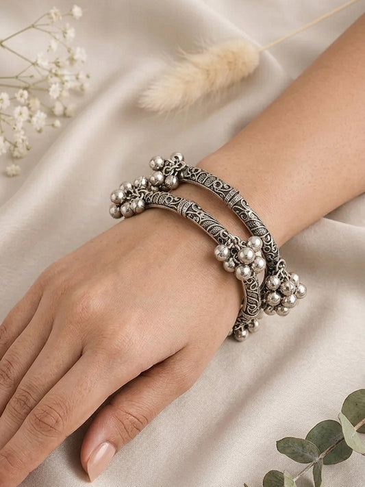 Geet Ghungroo Free Size Oxidized Silver Bangle Pair (2 Bangles)