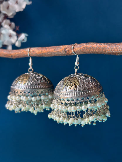 Golak – Dual Tone Oxidized Pearl Jhumka Earrings