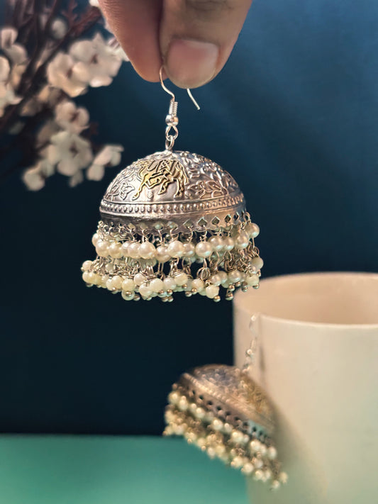 Golak – Dual Tone Oxidized Pearl Jhumka Earrings