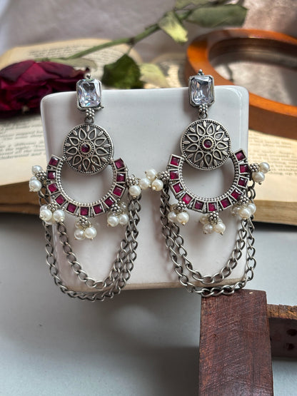 Heer Ruby Red Monalisa Stone Pearl Chain Dangle Earrings