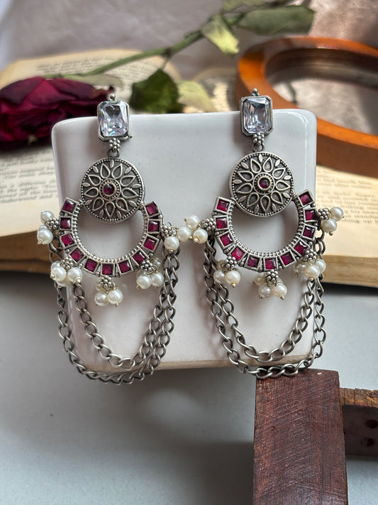 Heer Ruby Red Monalisa Stone Pearl Chain Dangle Earrings