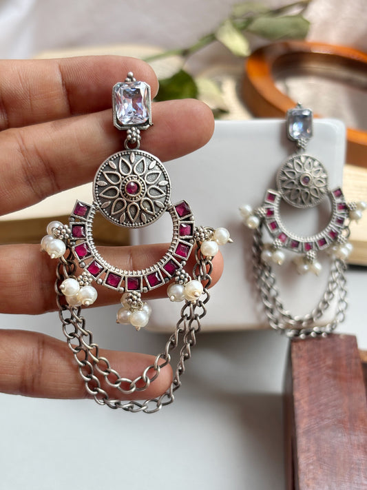Heer Ruby Red Monalisa Stone Pearl Chain Dangle Earrings