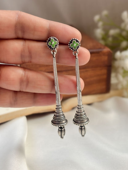 Shehnai Green Dangle Enamel Hand-Painted Oxidized Earrings