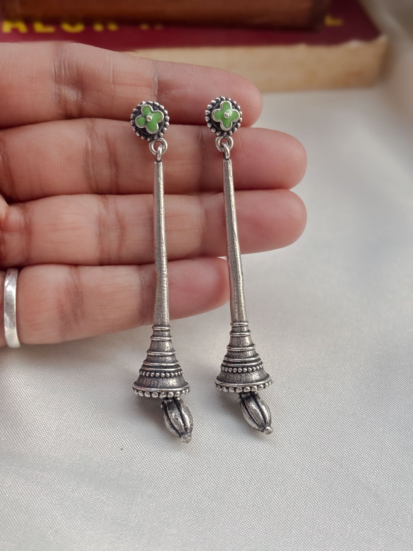 Shehnai Green Dangle Enamel Hand-Painted Oxidized Earrings