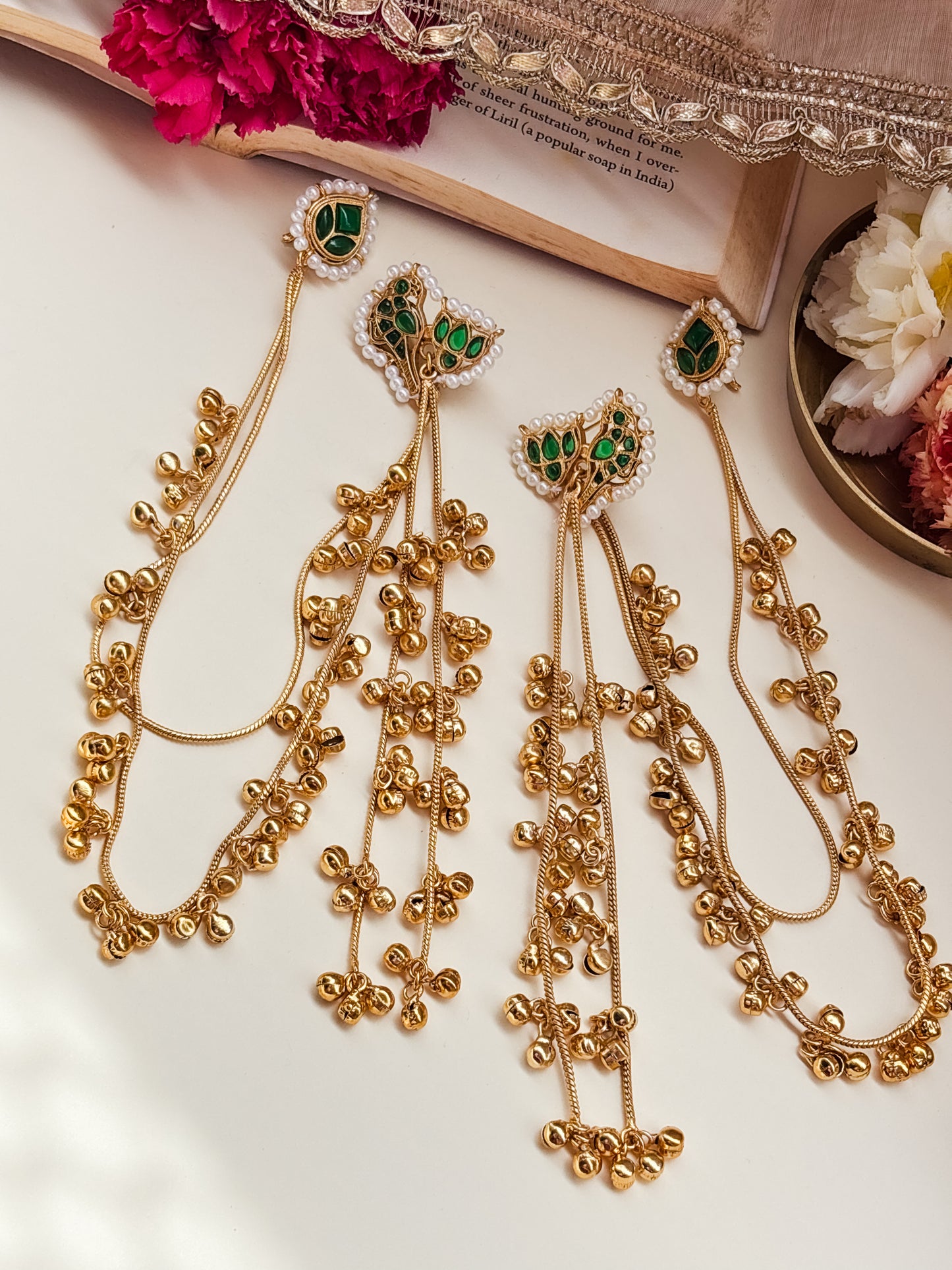Sona Green Kashmiri Ghungroo Earrings with Golden Earchain