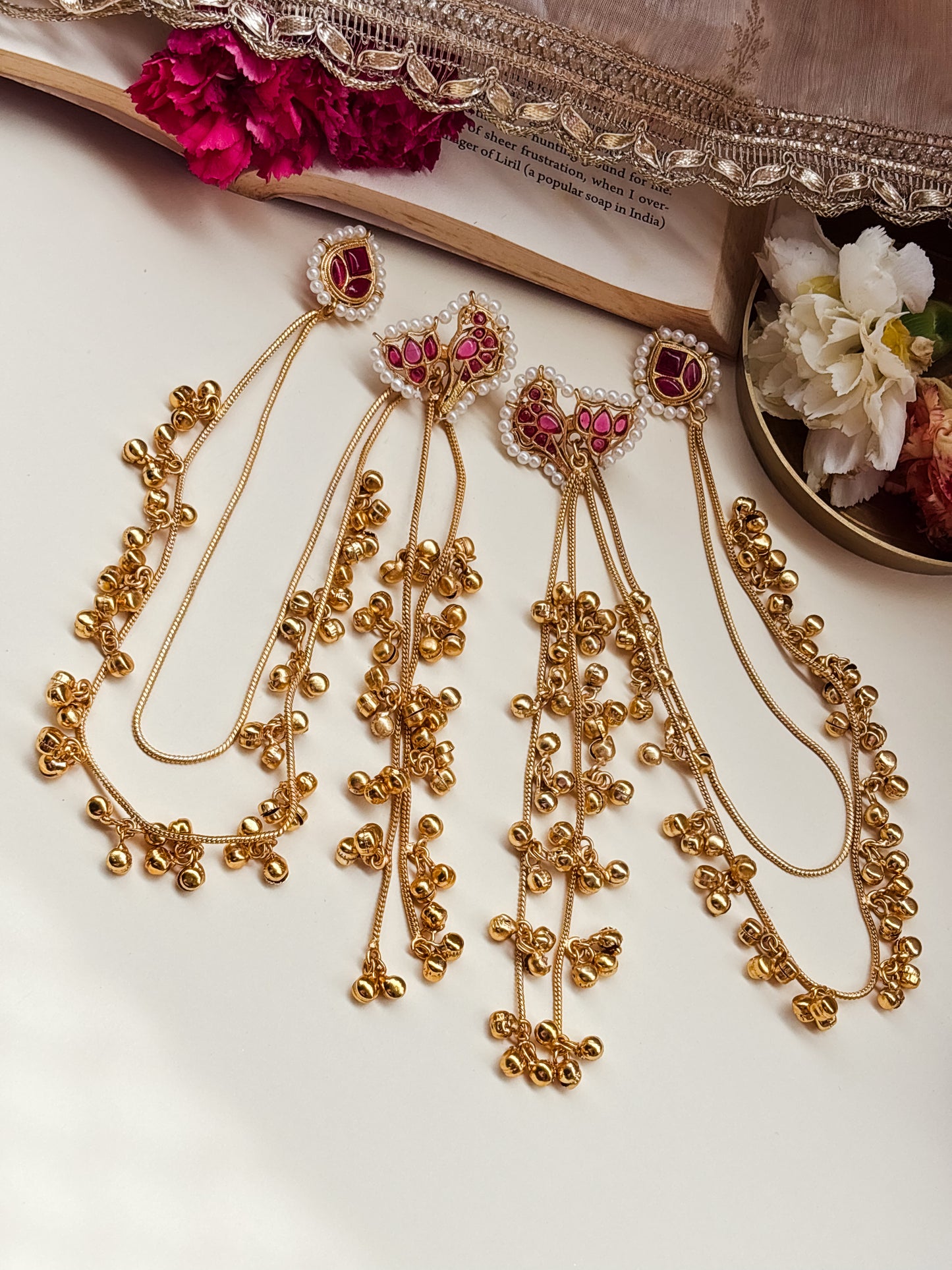 Sona Red Magenta Kashmiri Ghungroo Earrings with Golden Earchain