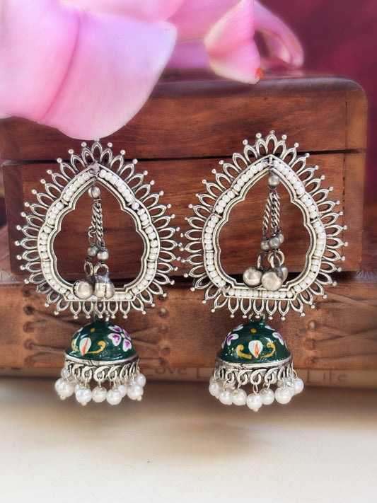 Iksha Green Handpainted Meenakari Jhumka Earrings
