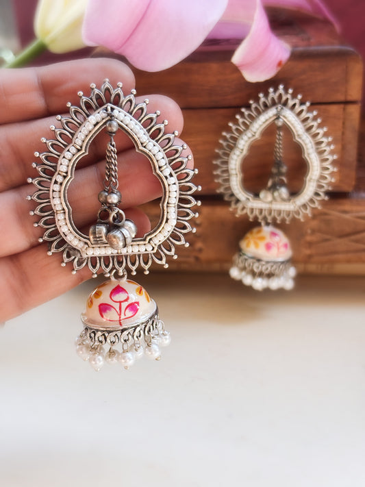 Iksha White Pink Handpainted Meenakari Jhumka Earrings