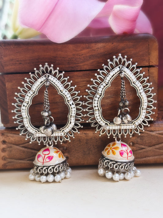 Iksha White Pink Handpainted Meenakari Jhumka Earrings