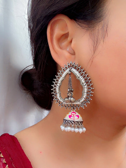 Iksha White Pink Handpainted Meenakari Jhumka Earrings